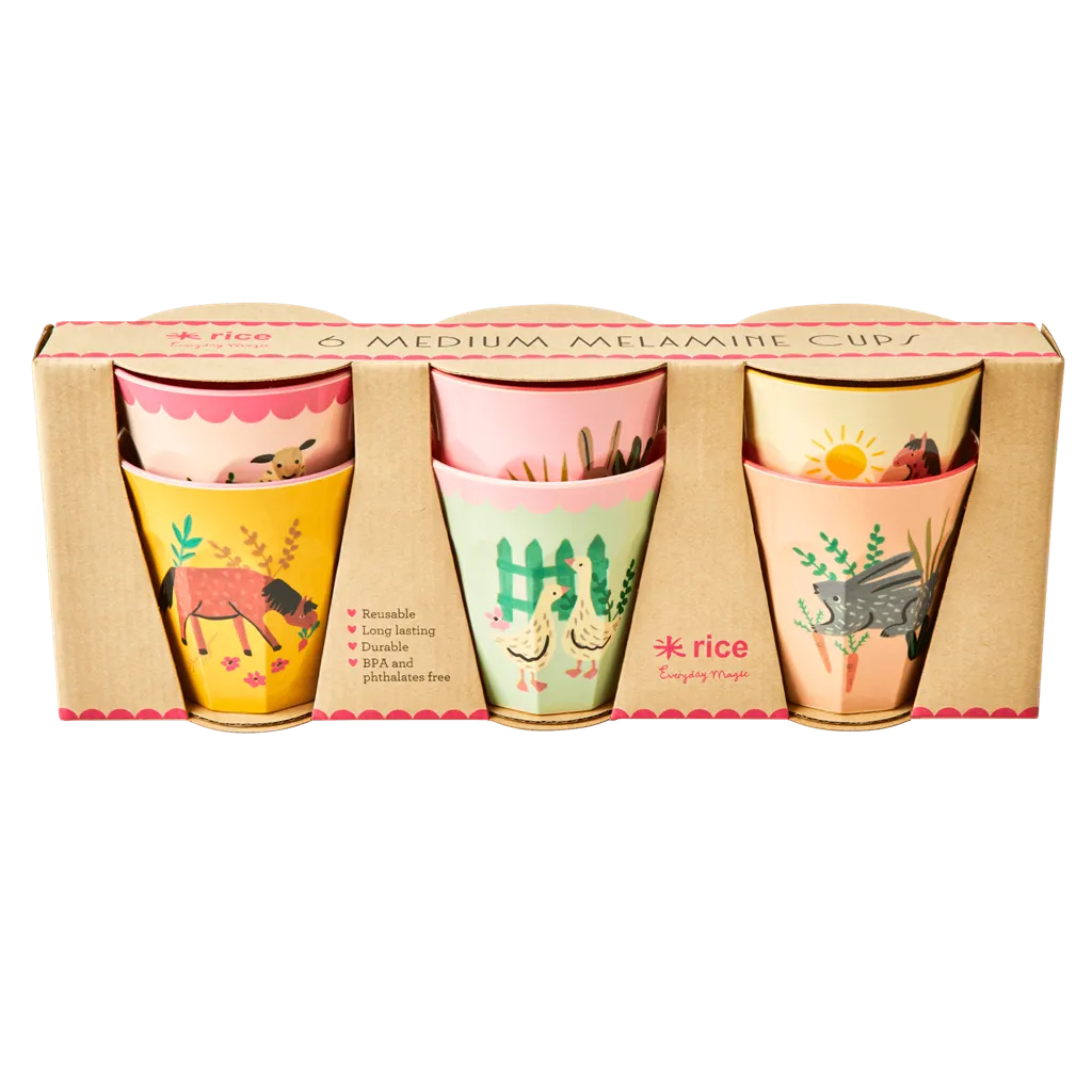 Melamine Kids Cups in Pink Farm Prints - Medium - 6 pcs. in Gift Box